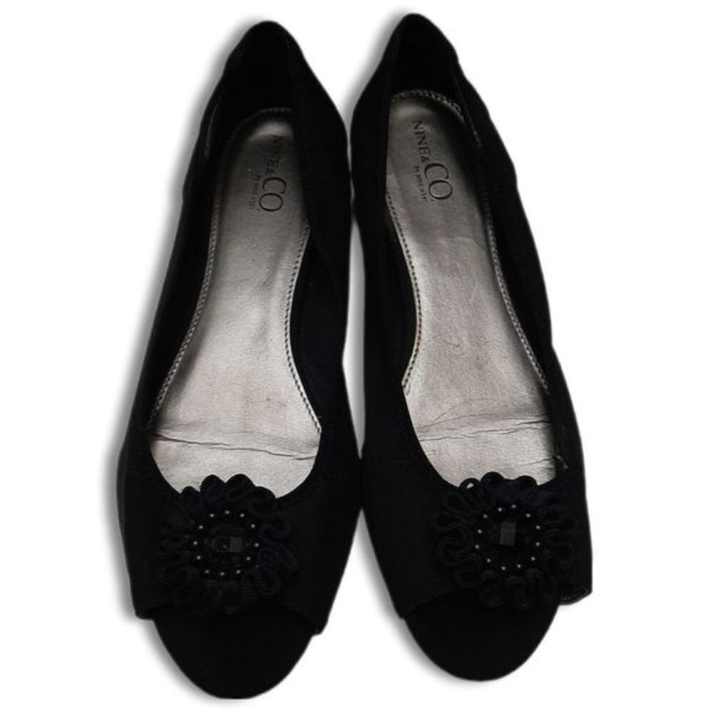 NINE & Co. Peep-Toe Ballet Flats Slip-On Flower Gem Detail Shoes Black Sz 10 M